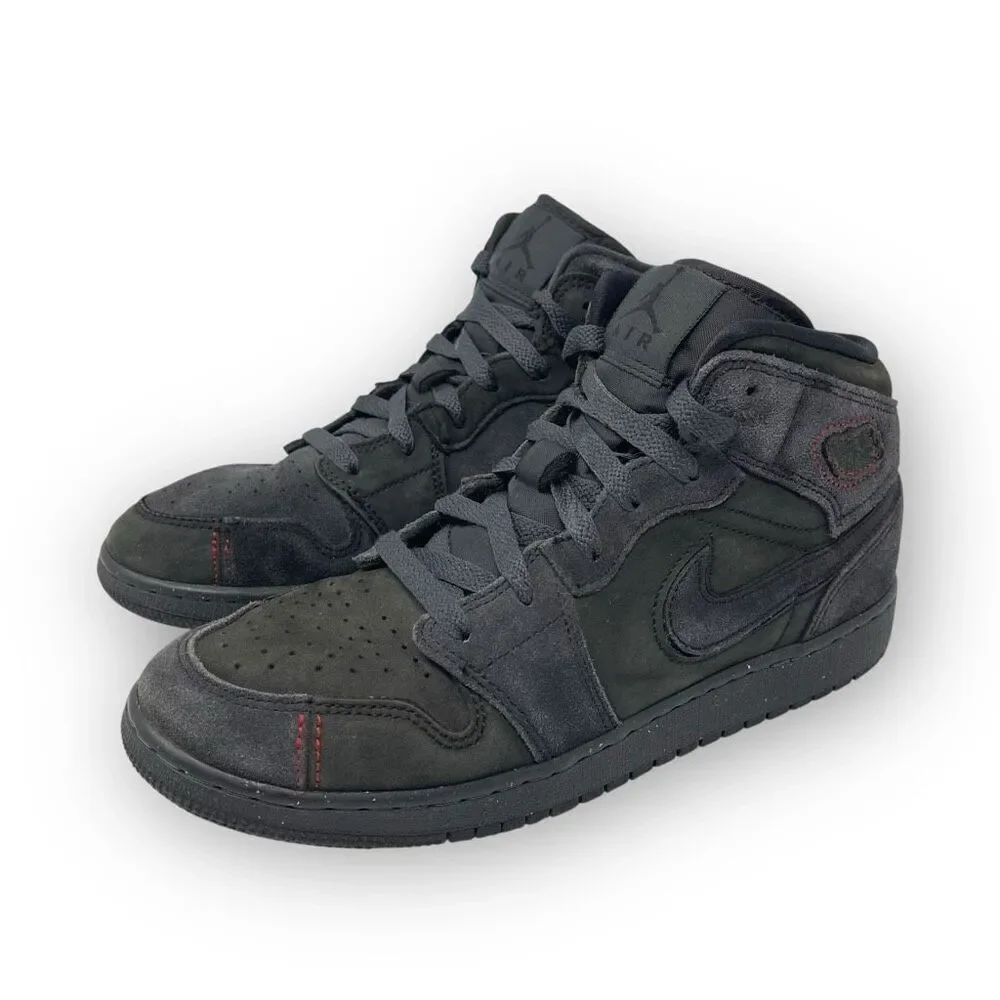 Nike Air Jordan Retro 1 Mid SE Craft All Black Suede FQ7742-001 Youth Size 7